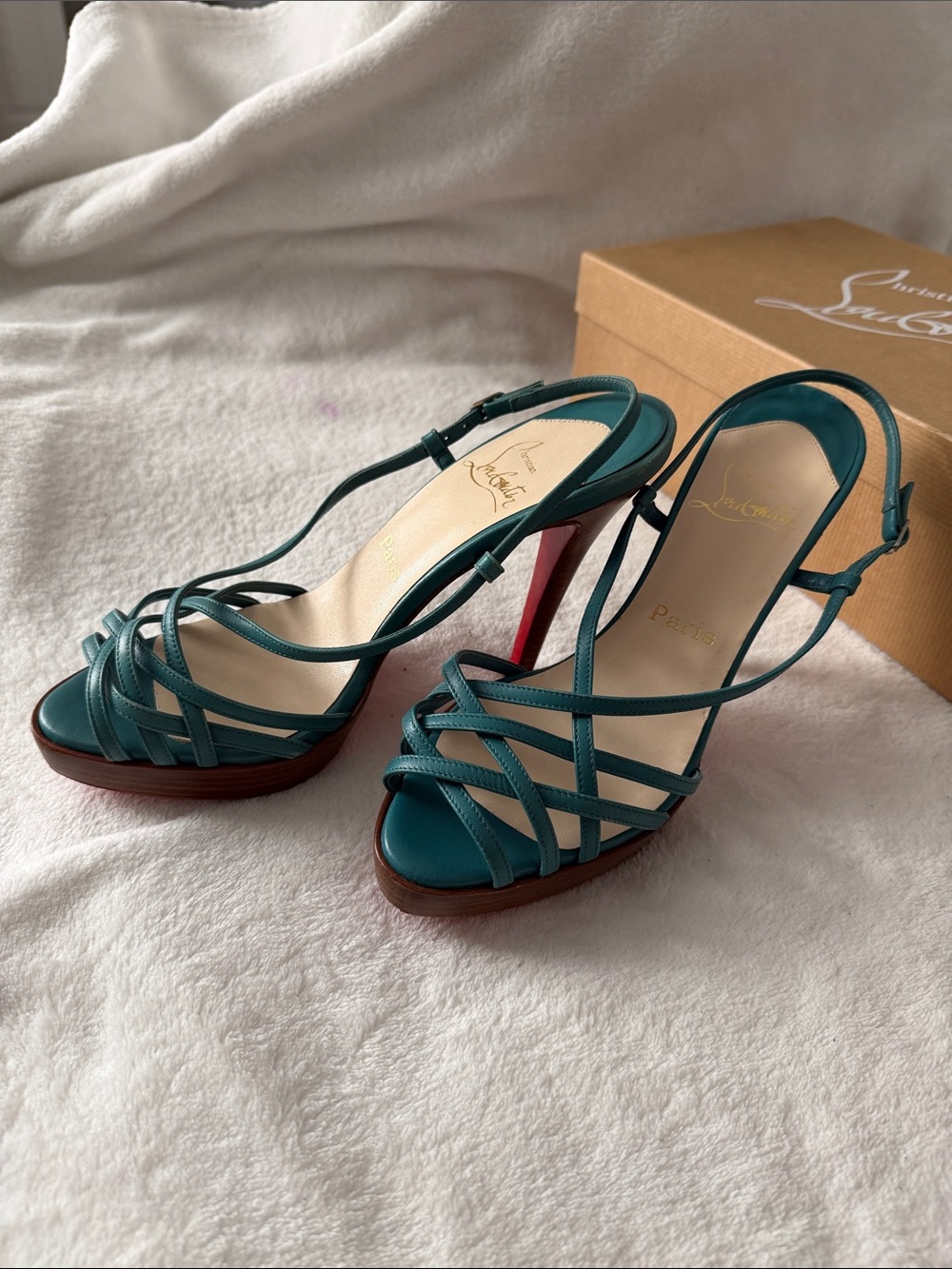 Christian Louboutin Teal Leather Strappy Sandals - Picture 5 of 7